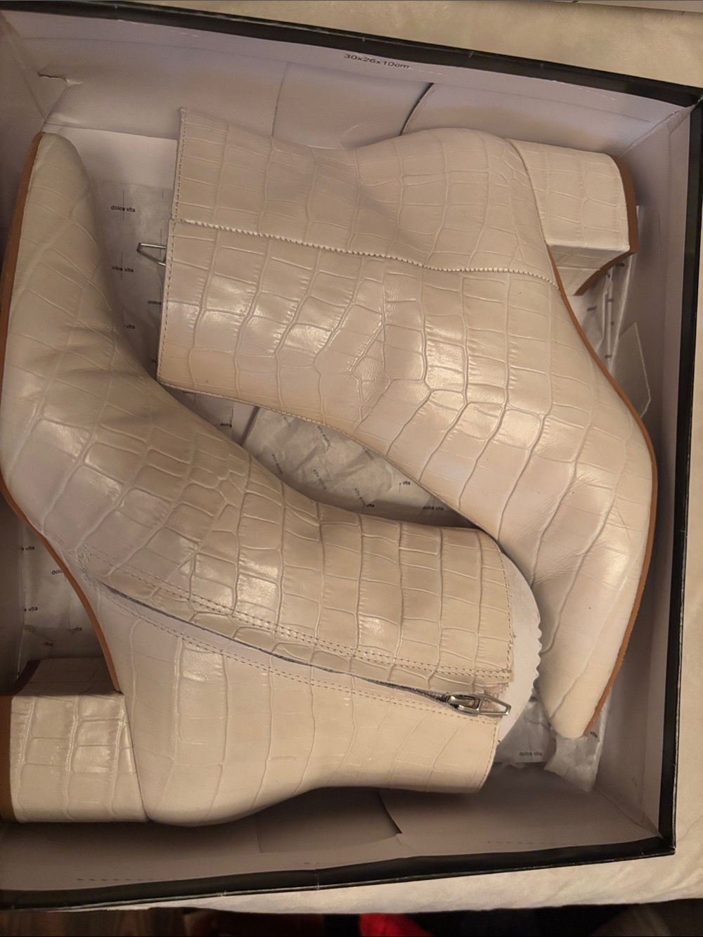 Dolce Vita Croc-Embossed Ivory Block Heel Ankle Booties